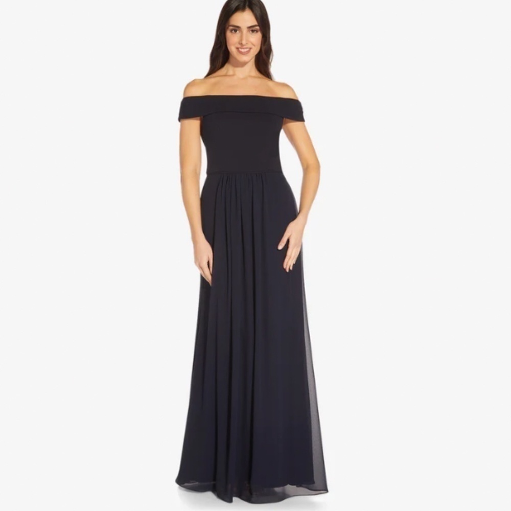 NWT Adrianna Papell Off The Shoulder Crepe Chiffon Gown Navy size 16